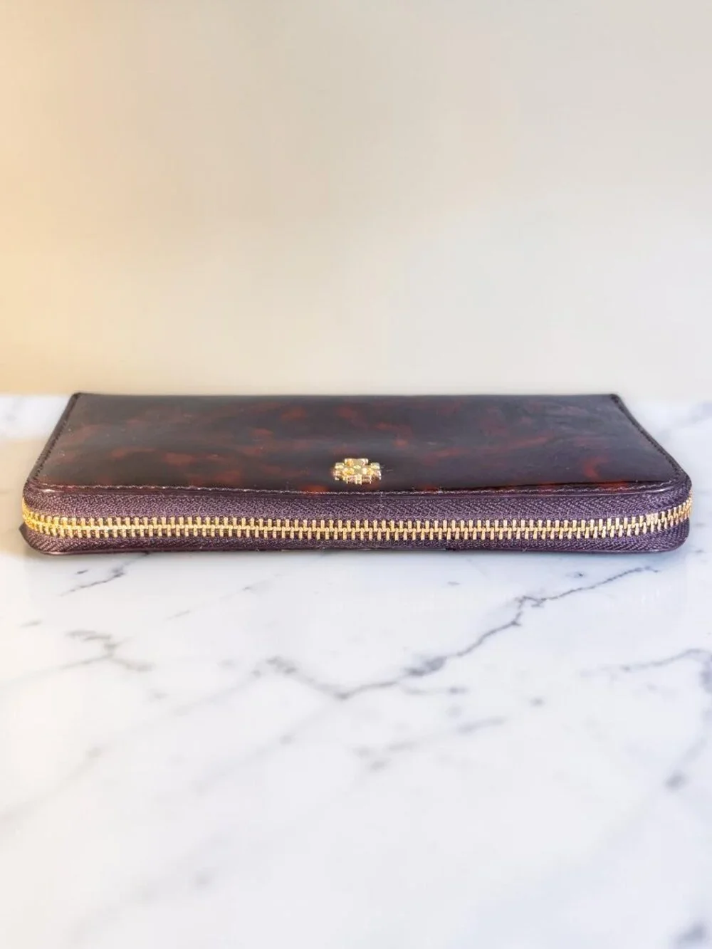 Tory Burch Robinson Tortoise-Shell Print Patent Leather Zip Around Wallet